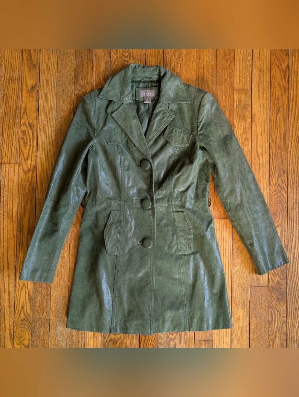 Kenar Green Retro 70's Style Reptile Pattern Leather Trench Coat Jacket